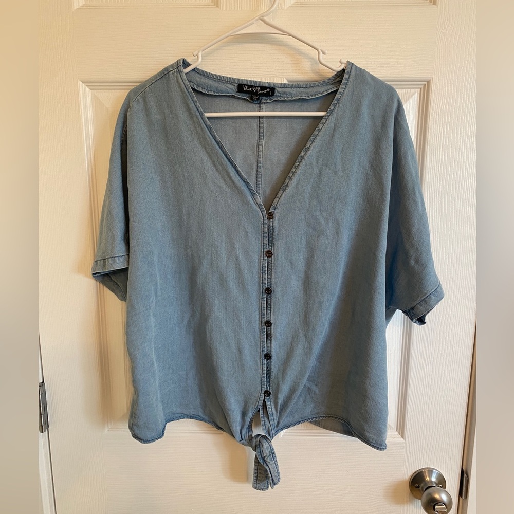 Chambray Colored V-Neck Tie Knot Button Blouse